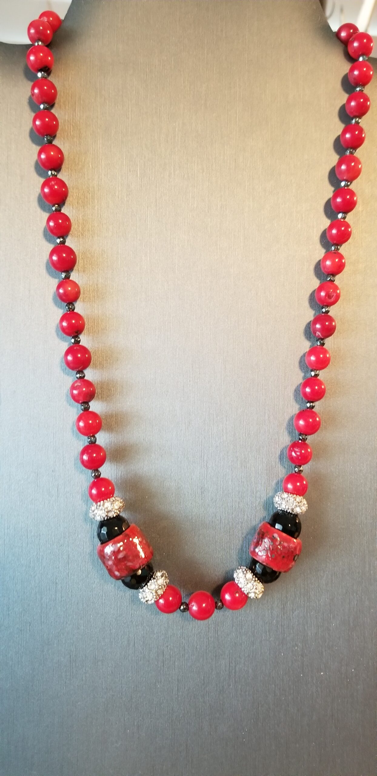 Red/black/rhinstone necklace and earrings