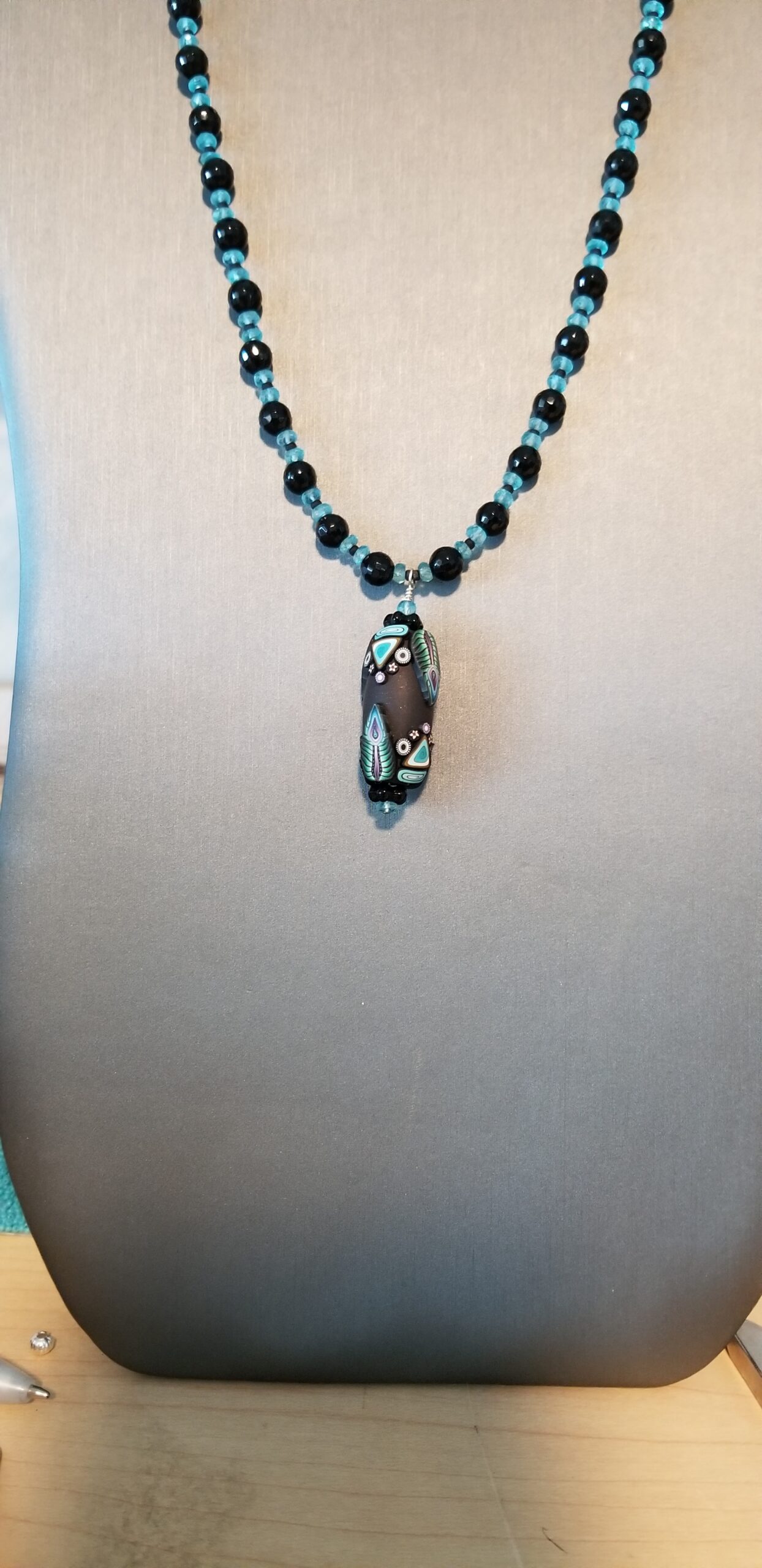Necklace and earrings of black and Apatite w/ polymer clay bead