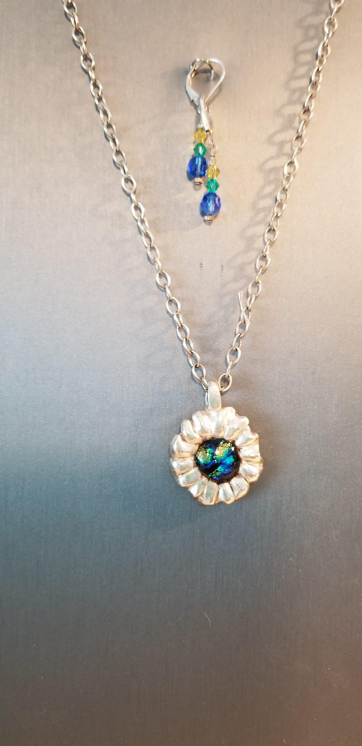 Art Clay Silver pendant 'flower' w/ blues and yellows in dichroic glass