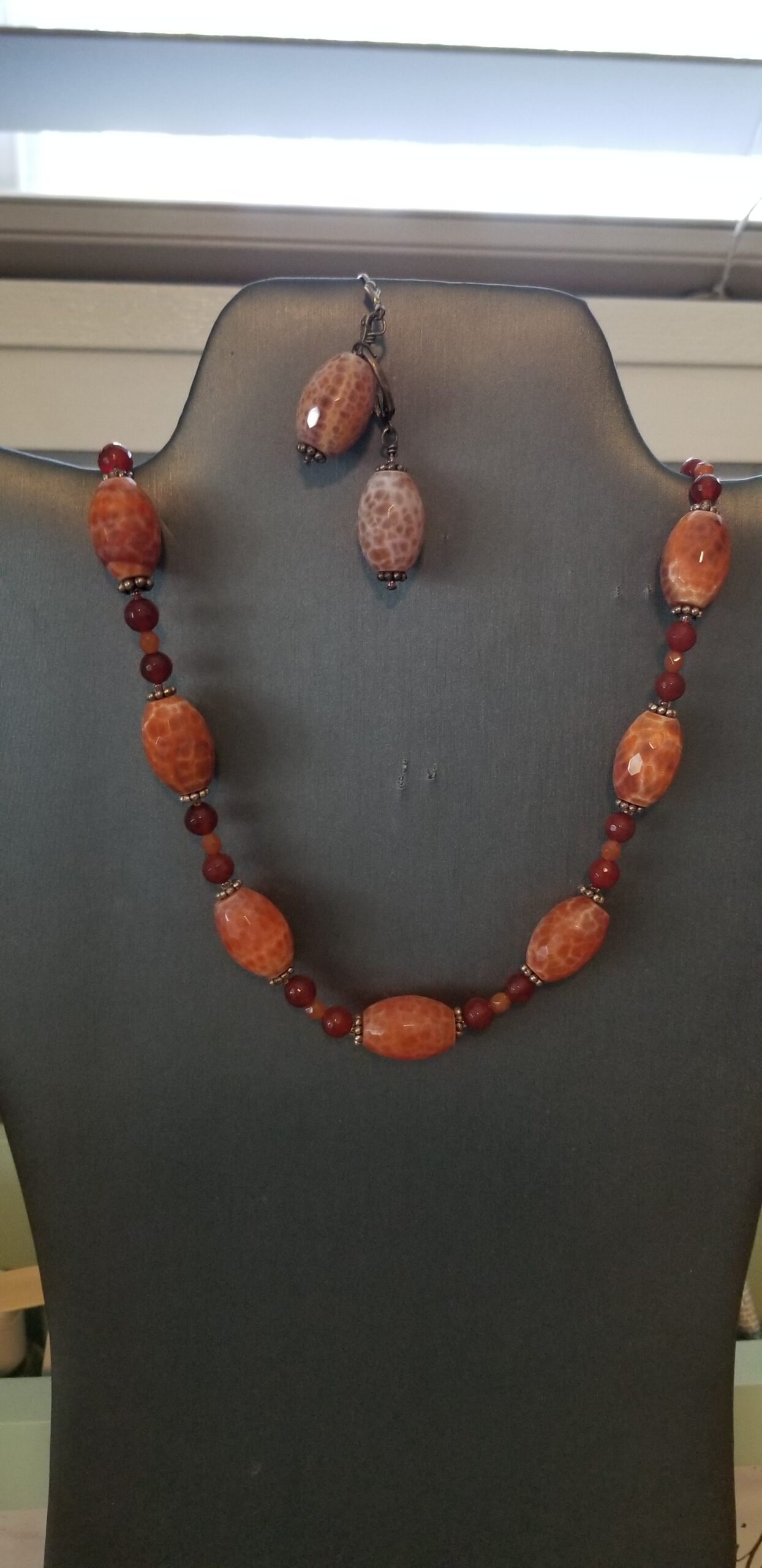 Fire agate and carnelian bead necklace/earrings