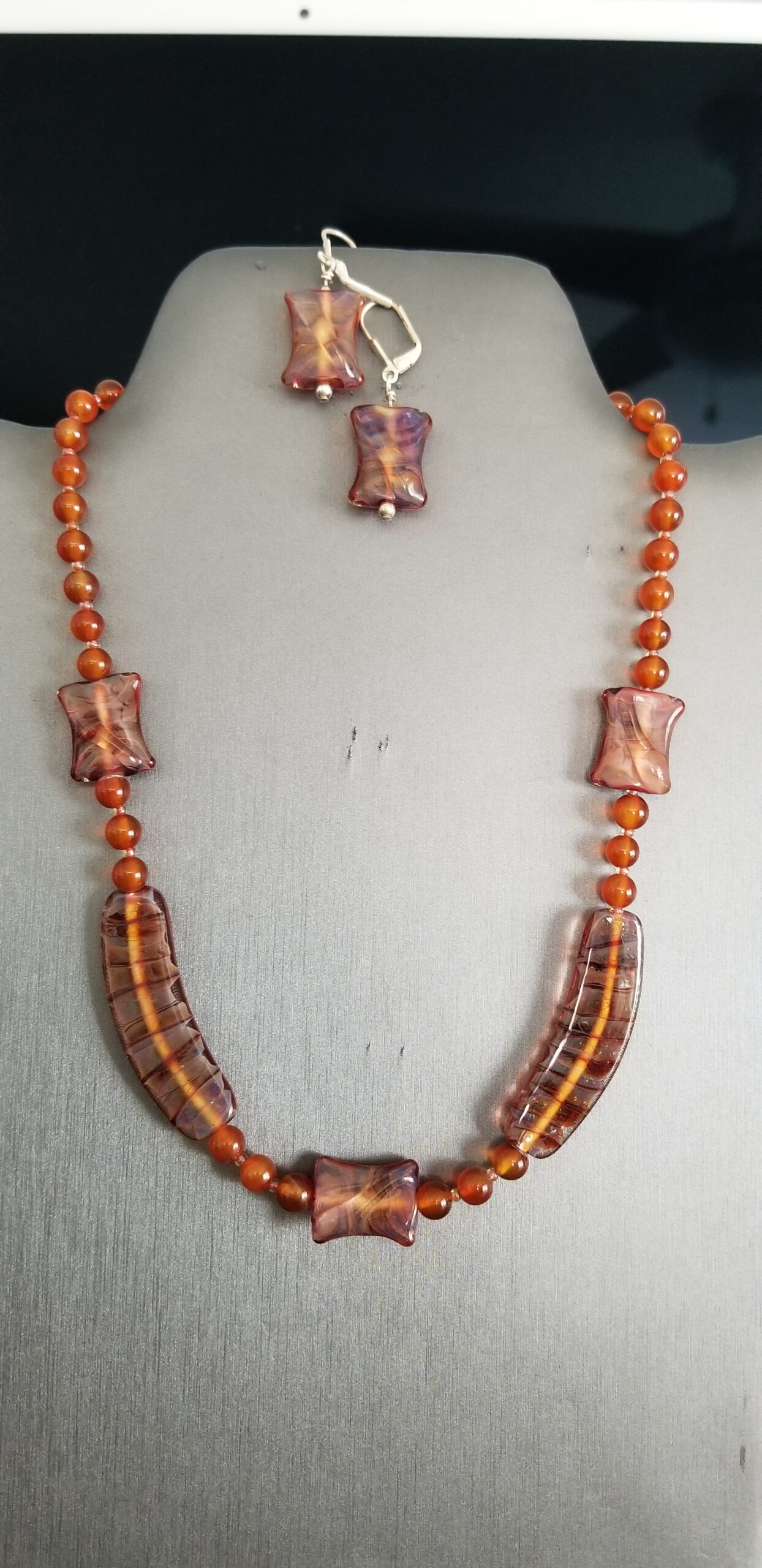 Burnt orange carnelian and glass w/ earrings