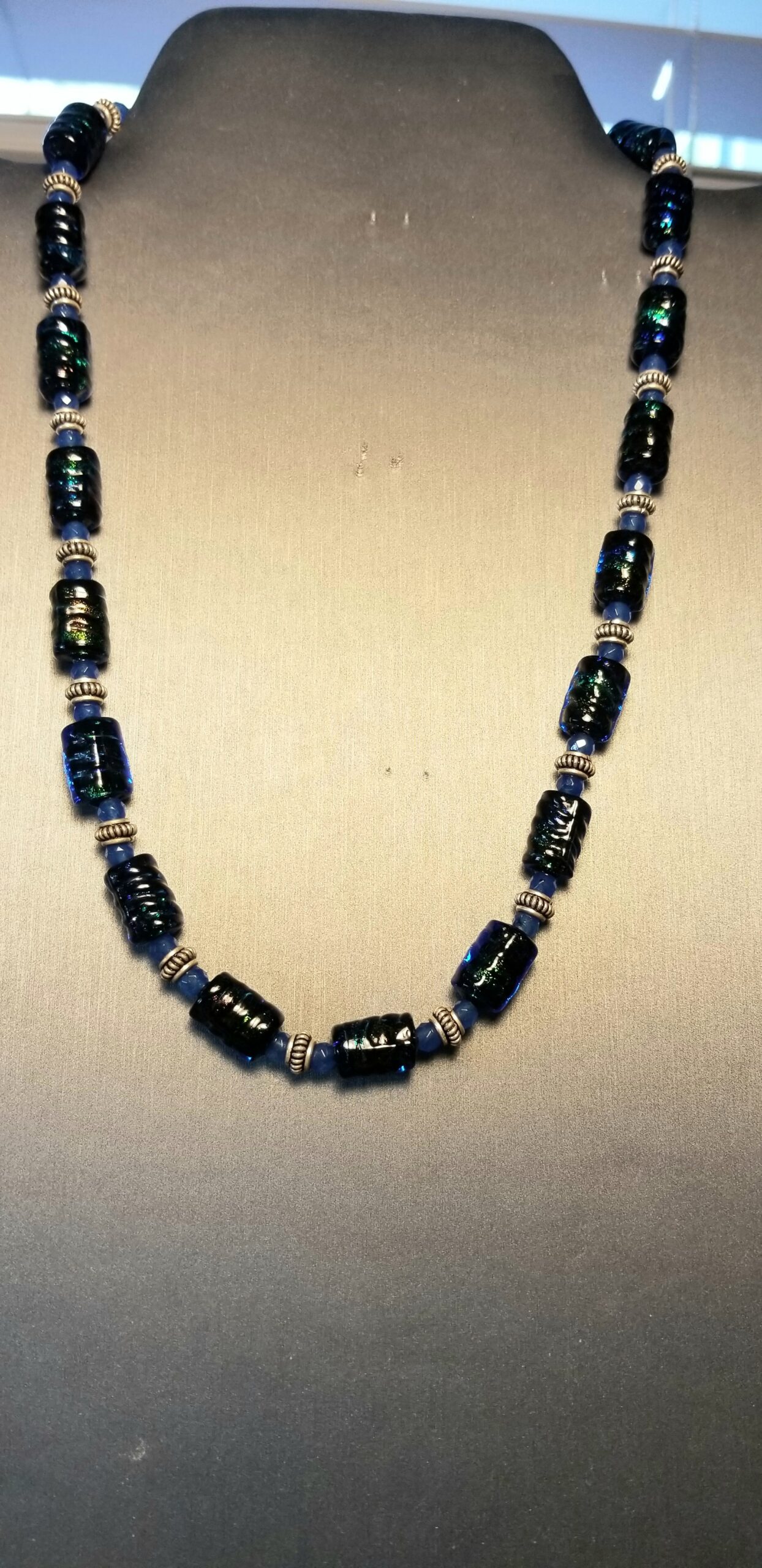 Blue Dichroic tube bead necklace/earrings