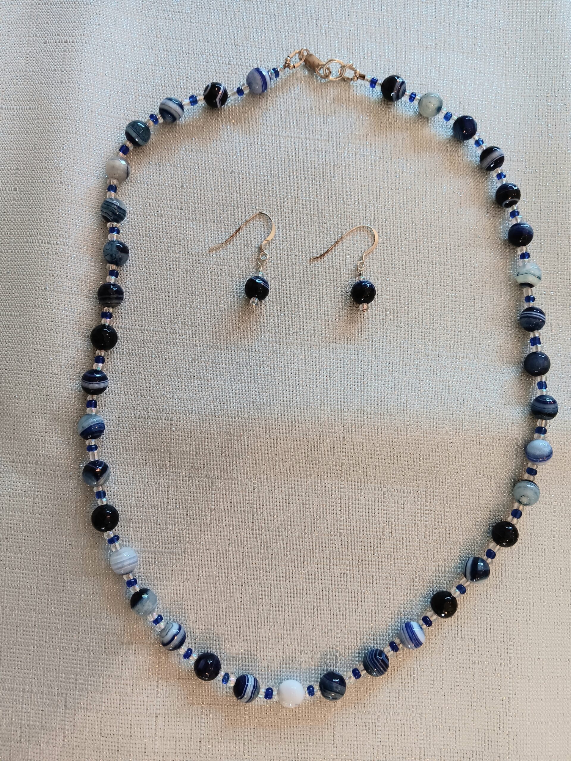 Blue and white banded necklace/earrings