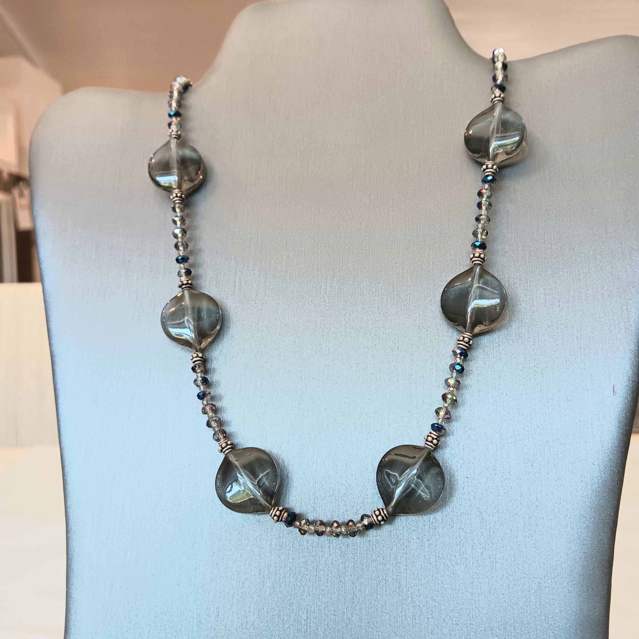 Necklace of grey resin beads /crystals with earrings
