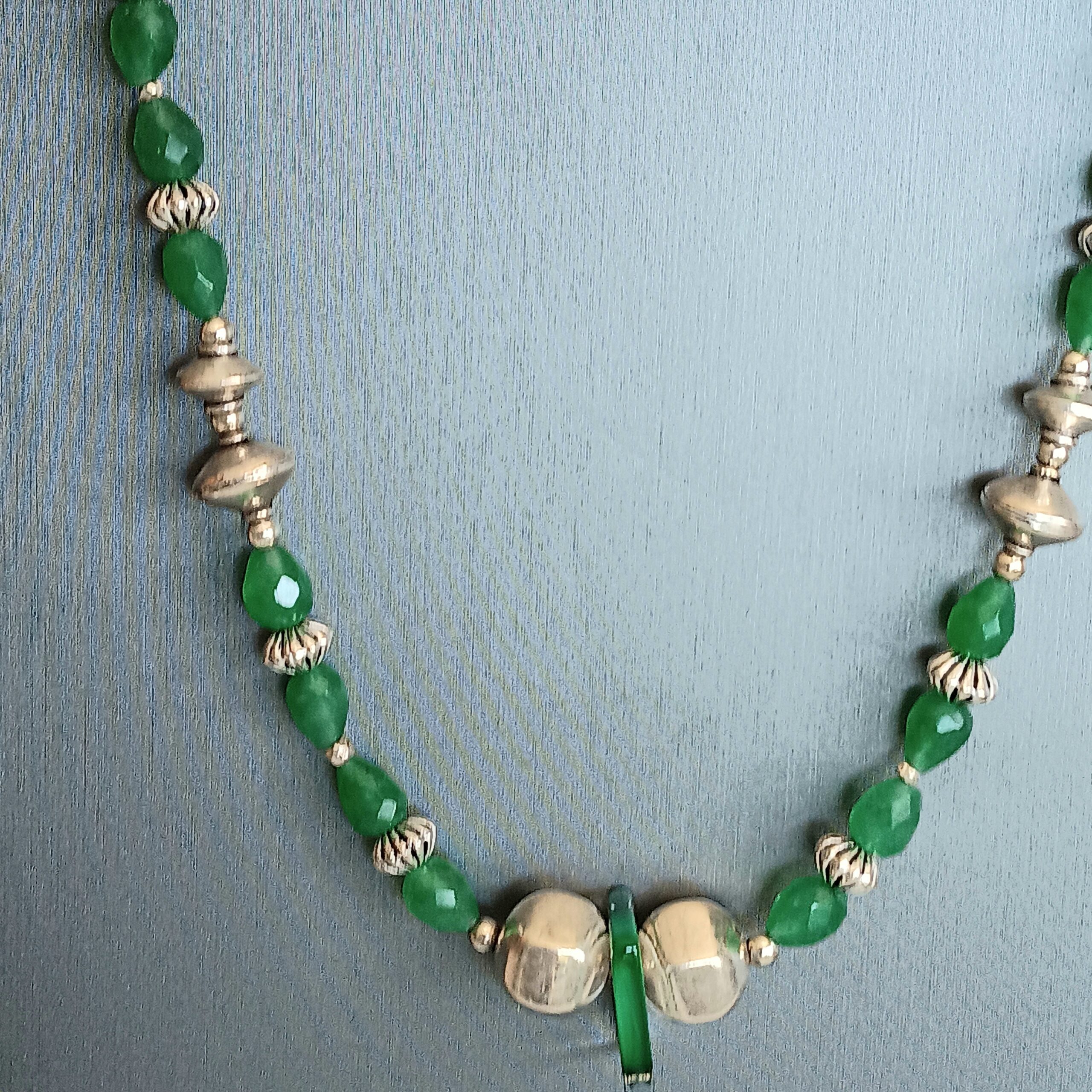 Green jade necklace with sterling and furnace glass
