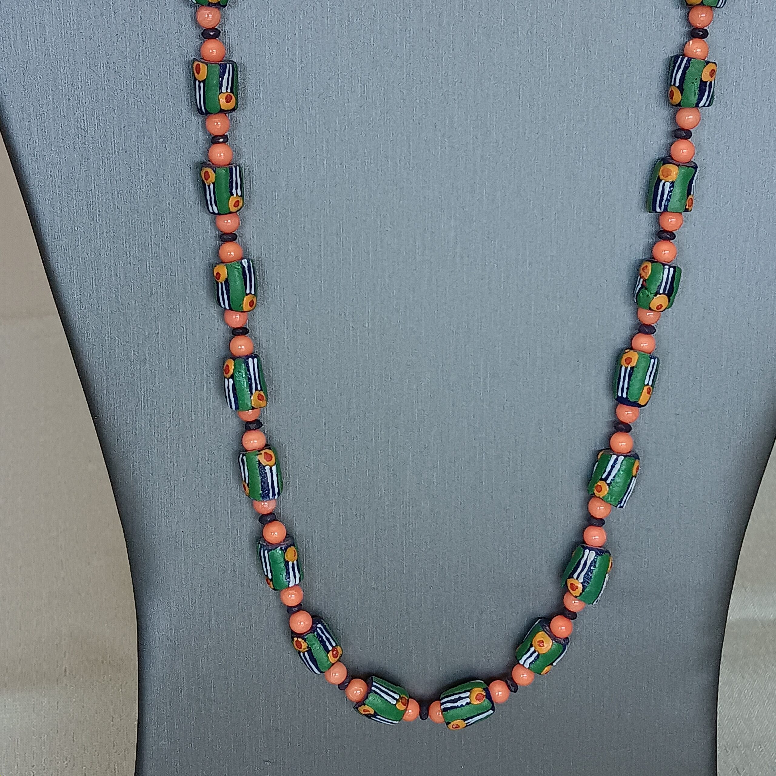 African hand painted beads of orange and green