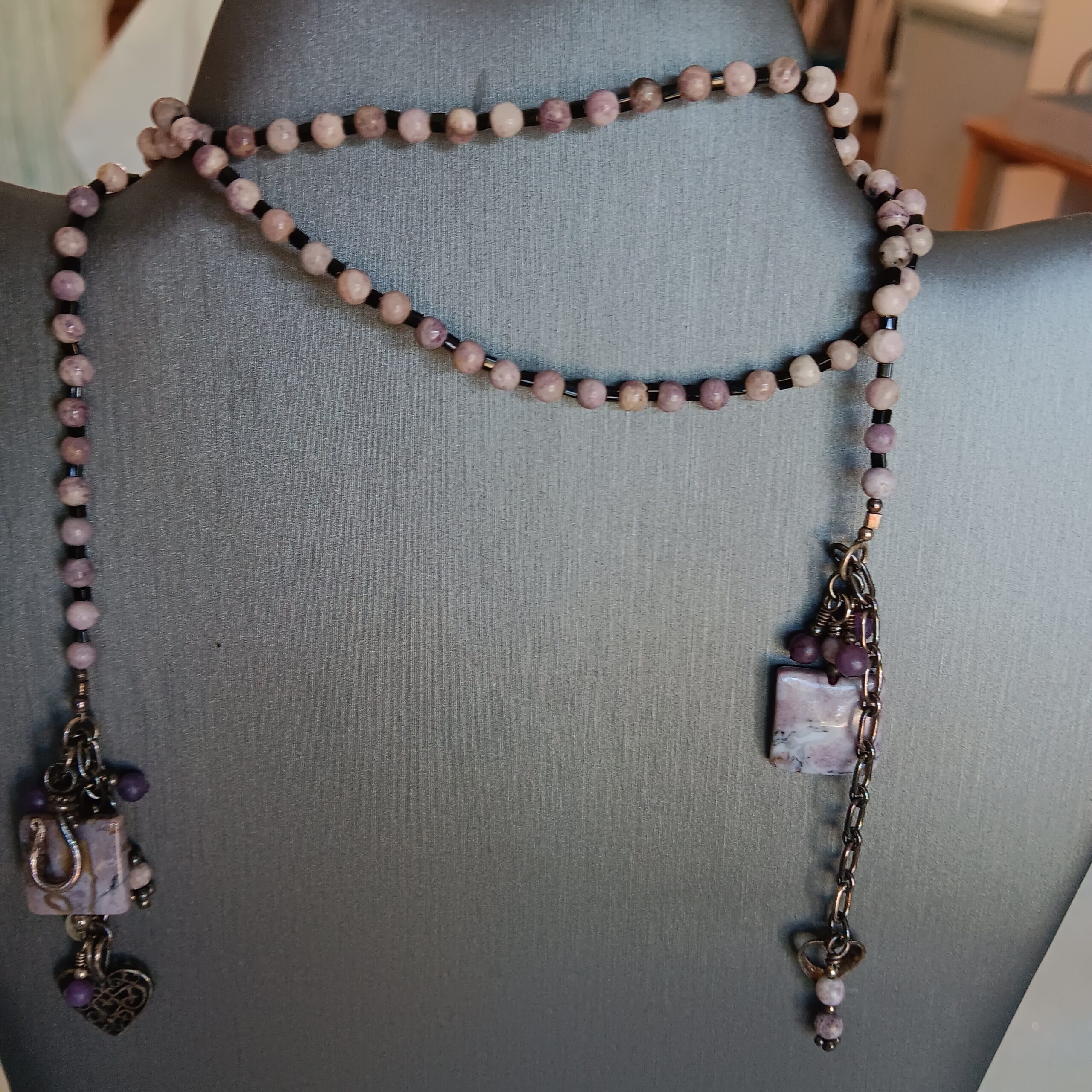 Purple lace agate lariat necklace/earrings
