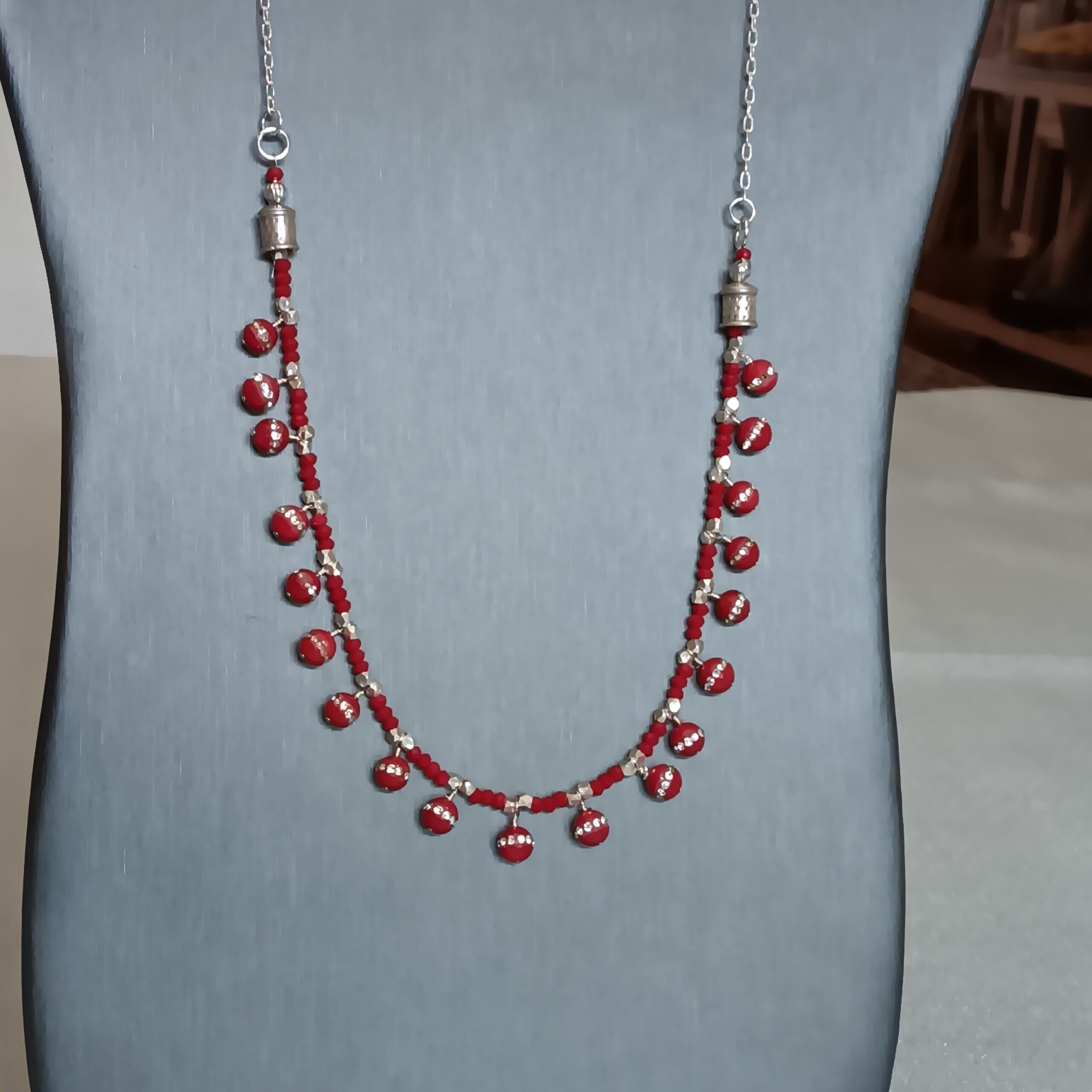 Red beads and rhinestone dangles with silver chain necklace/earrings