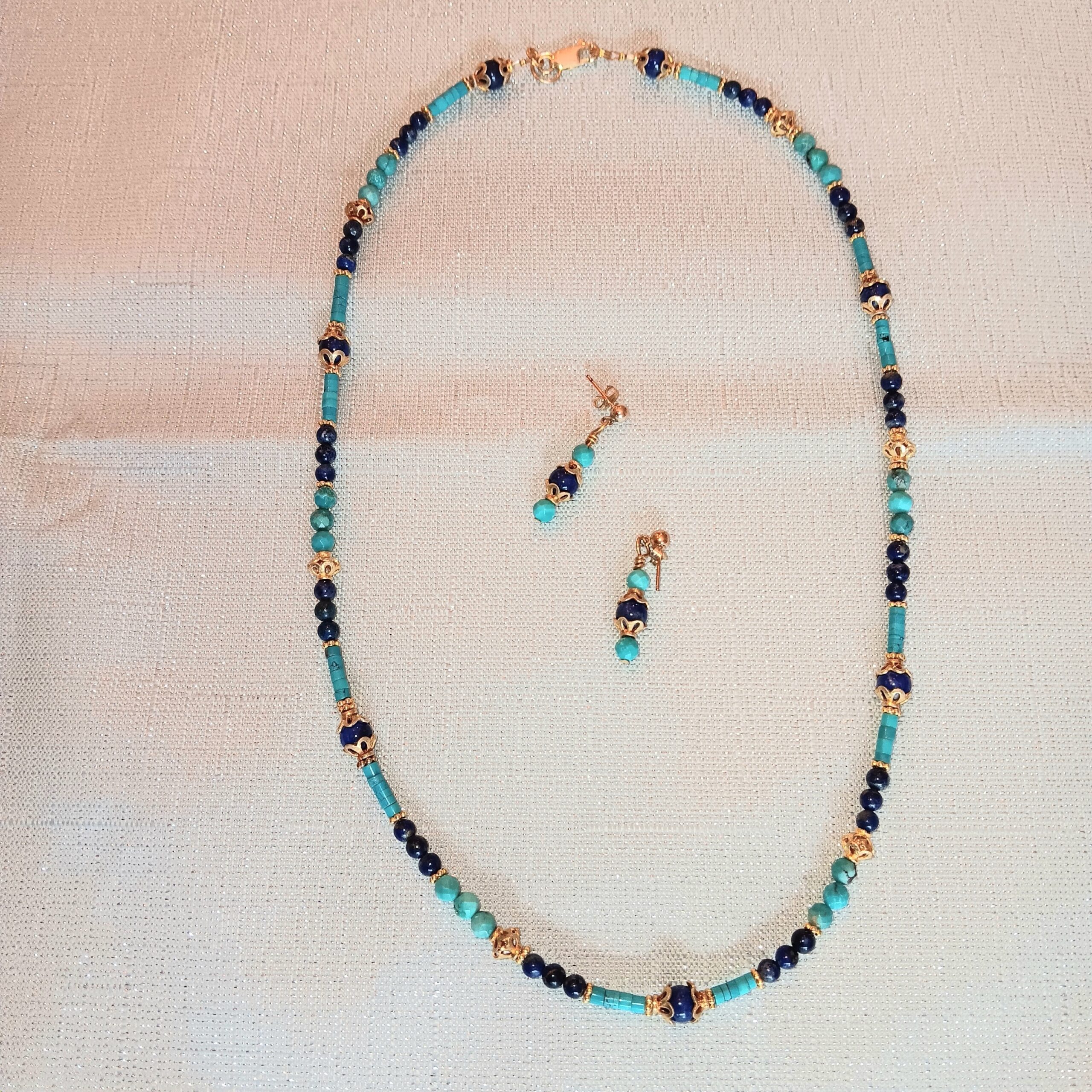 Lapis, turquoise, gold plated metals in necklace and earrings