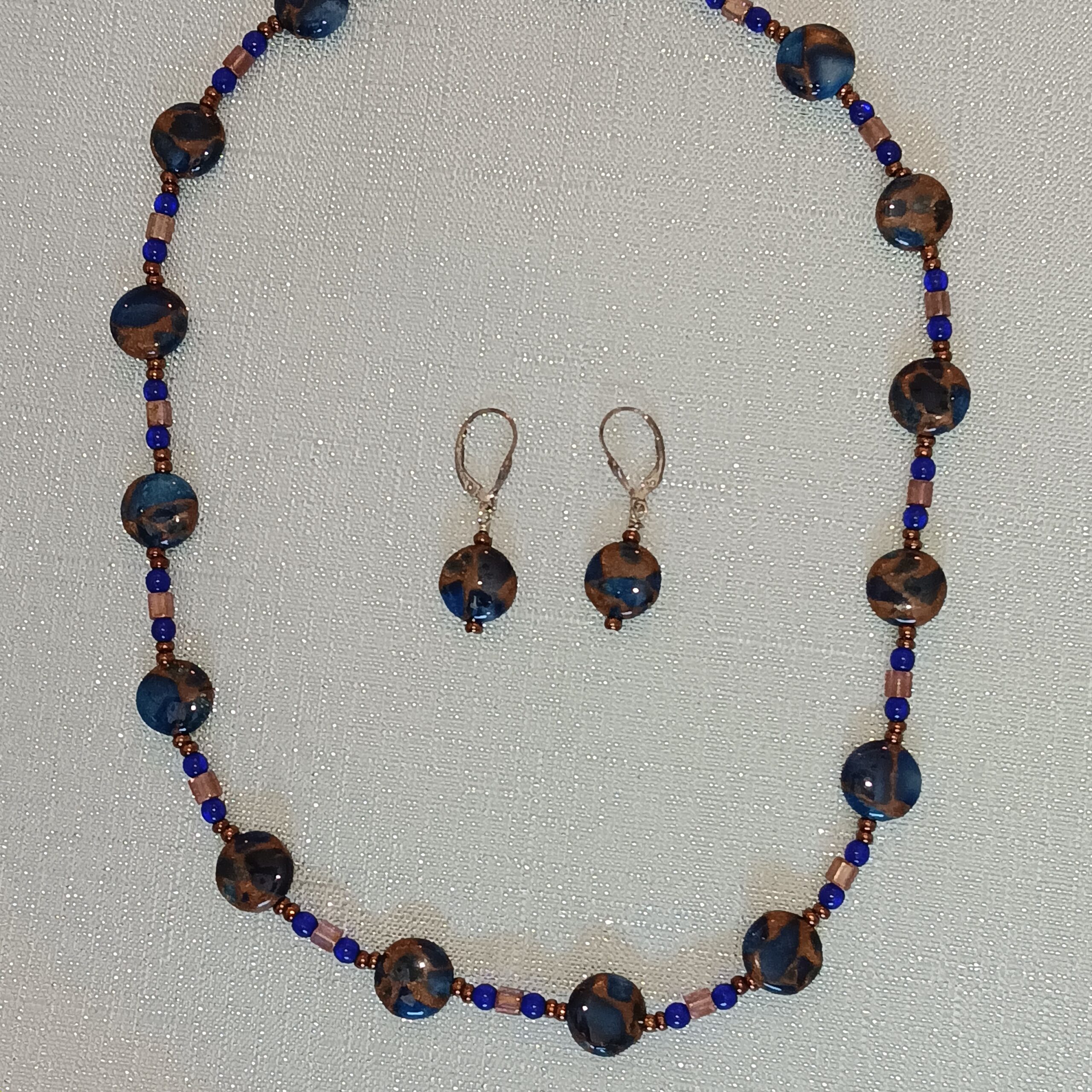 Blue/copper/brown necklace/earrings