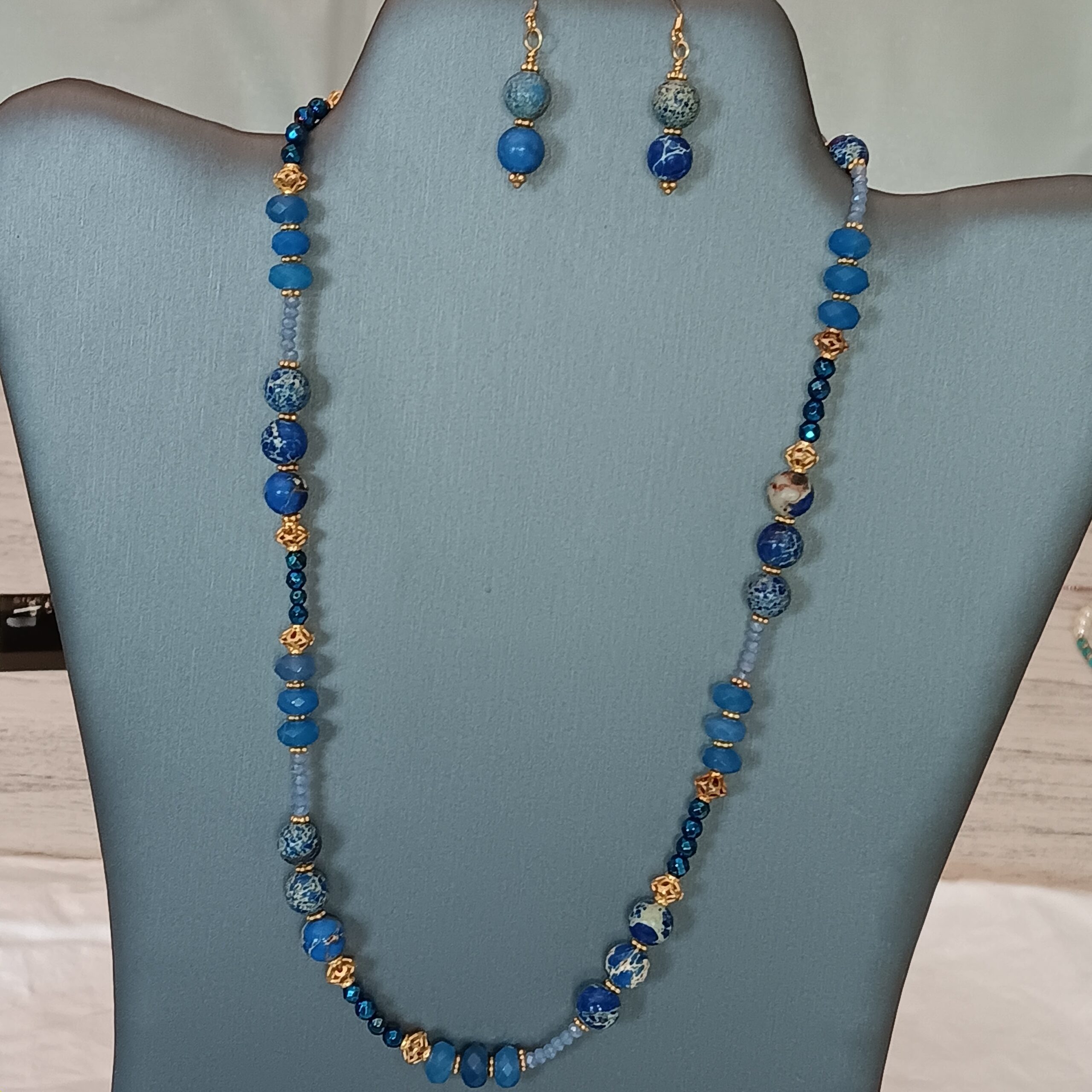 Sea sediment jasper, sapphires, aquamarine necklace and gold plated accents