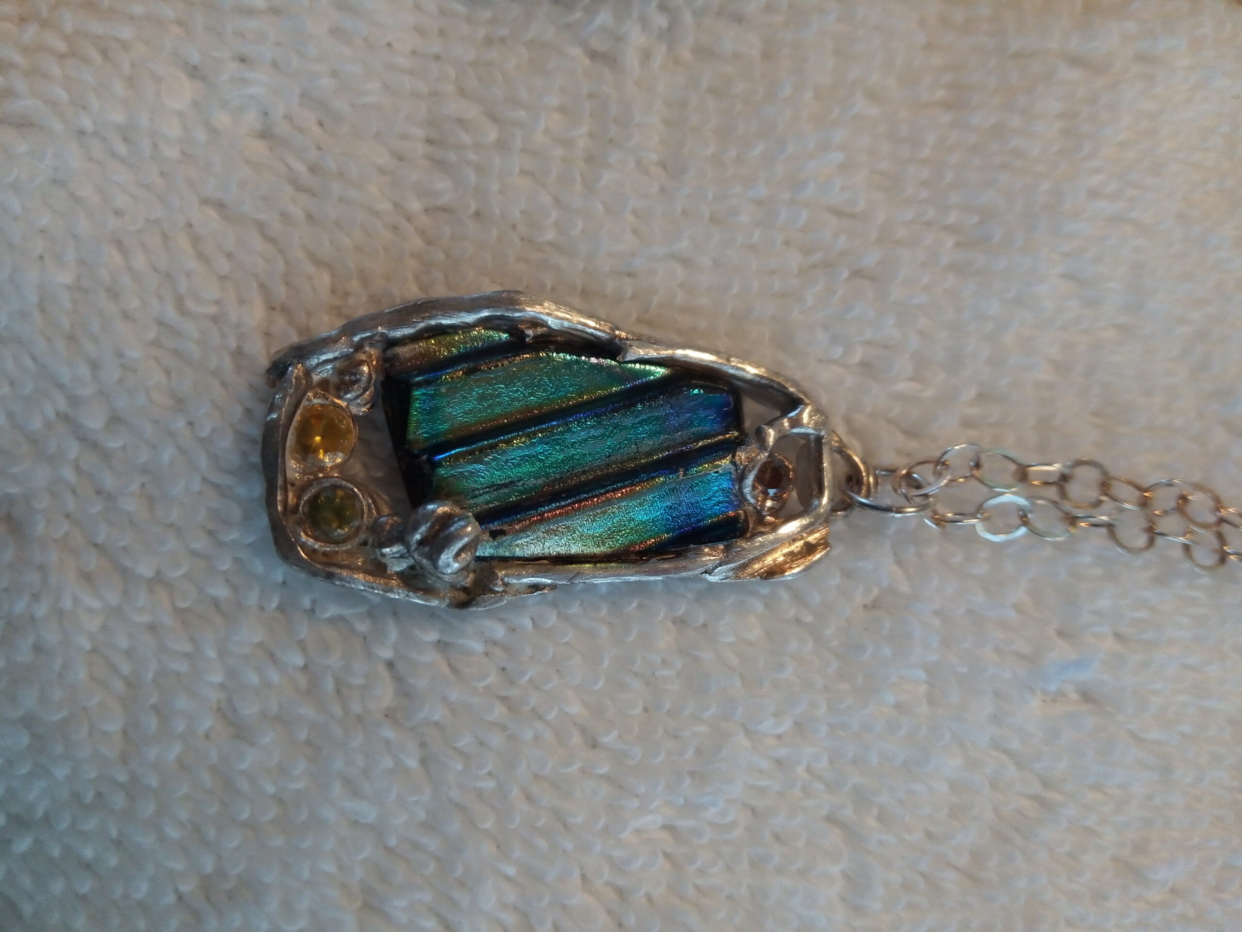 Art Clay pendant w/ dichroic glass and cubic zirconia